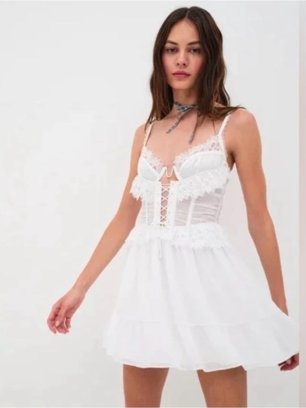 For Love & Lemons Farmhouse Lace Corset Slip Mini Dress White NWT Medium - Picture 3 of 14